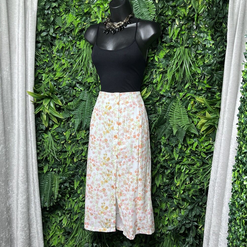 CHARLIE HOLIDAY Skirt Women 4 Cream Floral Print‎ Midi Button Accent 2488